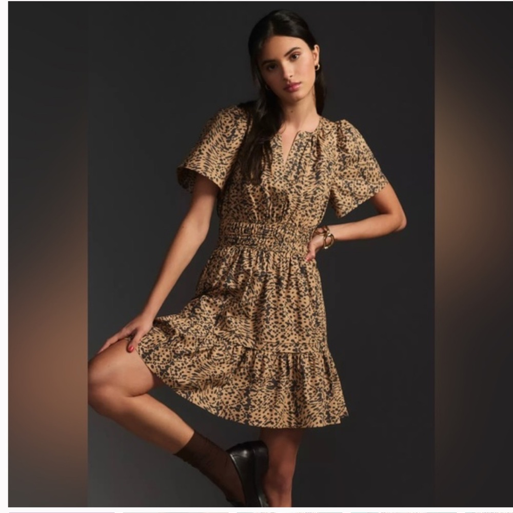 Anthropologie Somerset Animal Print Short‎ Sleeve Mini Dress, Brown & Blk, Sz L